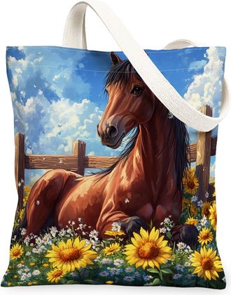 Generic Spring Horse Canvas Tote Bag for Shopping 13x15, Sunflower Fence Animal Reusable Grocery Print Bag for Women, Fun Farmhouse Scenic Beach Aesthetic Pai