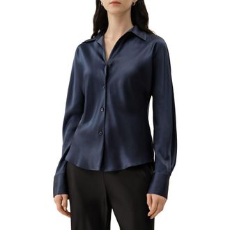 LilySilk Bias Cut Silk Shirt in Navy Blue at Nordstrom, Size X-Large