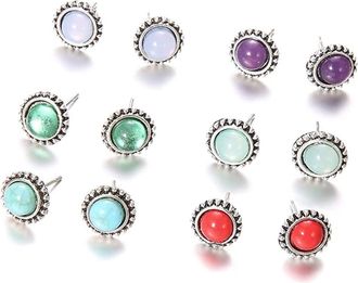 Generic 6 Pair Women Vintage Faux Gemstone Round Ear Stud Earrings, Costume Jewelry Idea Multicoloured