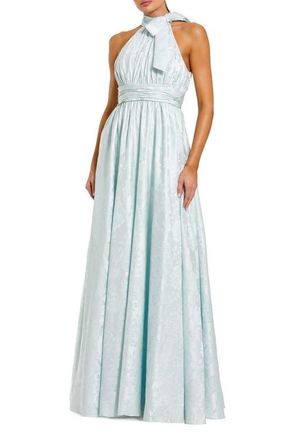 Mac Duggal Sleeveless Halter Neck Brocade Gown With Bow Detail in Powder Blue at Nordstrom, Size 12