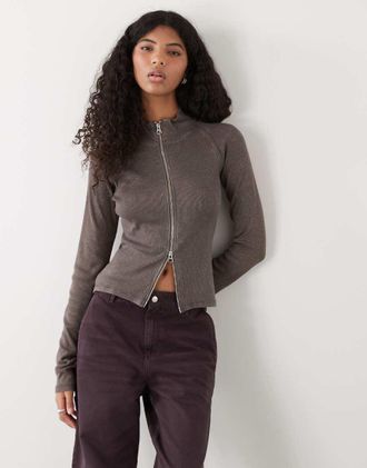 Weekday Top accollato a maniche lunghe con zip grigio slavato