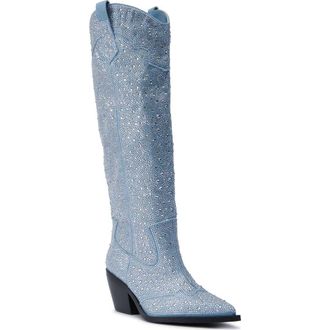 Azalea Wang Louella Rhinestone Deim Tall Cowboy Boot in Denim at Nordstrom Rack, Size 6.5