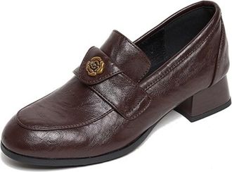 Generic Womens Slip-On Loafers Round Toe Gold Rose Embellishment Chunky Block Heel Textured Upper Closed Toe Lightweight Comfortable Durable,Brown,4.5 UK