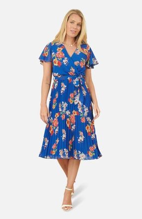 Yumi Pleated Floral Tie-Waist Wrap Midi Dress in Blue at Nordstrom, Size 12