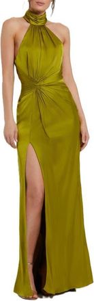 Mac Duggal Open Back High Neck Side Ruched Gown in Olive at Nordstrom, Size 10