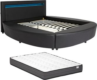 Vente-Unique Cama 180 x 200 cm - Con LEDs - Piel sint&eacute;tica - Negro + Colch&oacute;n - ABULIS III
