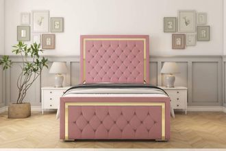 Sloomy Sofia Gold Plush Bed Frame With 50 Upholstered Headboard in Pink | Size: Small Double