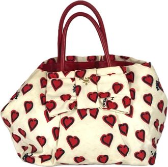 Prada Red Color White Leather Nylon Handbag Tote Bag (Pre-Owned)