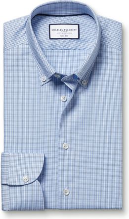 CHARLES TYRWHITT Button-Down Non-Iron Stretch Oxford Checkered Cotton Formal Shirt - Sky Blue Single Cuff Size 15.5/34 by Charles Tyrwhitt