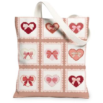 Generic ValentineS Day Heart Canvas Tote Bags, Adorable Bow Pattern Reusable Shopping Bags, Lightweight Washable Shoulder Strap Ca, Peach, 13x15 Inch