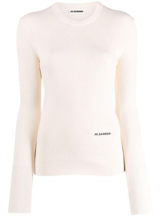 Jil Sander logo-patch ribbed-knit top - women - Polypropylene/Wool - 38 - Neutrals