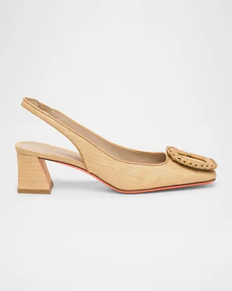 Santoni Lemon Raffia Buckle Slingback Pumps