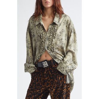 R13 Oversize Drop Neck Ruffle Front Button-Up Shirt in Green Floral at Nordstrom, Size X-Large