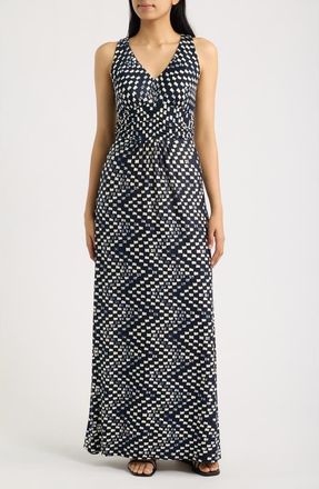 Loveappella Ruched Empire Waist Maxi Dress in Black/ivory at Nordstrom, Size X-Large