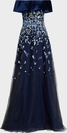 Teri Jon Velvet & Floral-Embroidered Tulle Off-The-Shoulder Gown