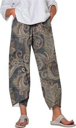 Generic Womens Linen Trousers UK Sale Clearance Summer Retro Print Elastic Waist with Pockets Irregular Hem Pants Ladies Stylish Casual Loose Wide Leg Straigh