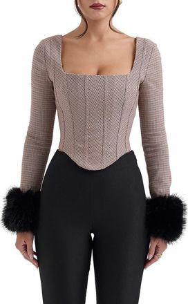 House of CB Antonia MIcrocheck Faux Fur Cuff Corset Top in Brown Check at Nordstrom, Size X-Large D