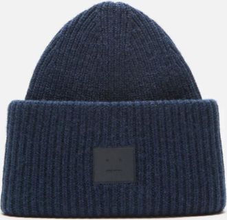 Acne Studios Face Logo Ribbed Wool Beanie - Navy