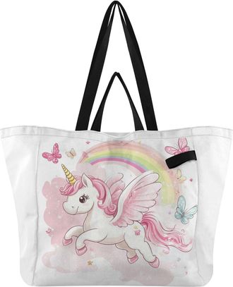 Generic Pink Unicorn Rainbow print Reusable Canvas Tote Bag, Heavy Duty Grocery Shopping Bag with Large Capacity Double Handles Hard Bottom Work Groceries Tra