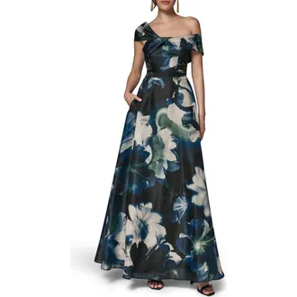 DKNY Asymmetric Fit & Flare Maxi Dress in Black Fore at Nordstrom, Size 10
