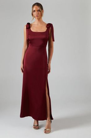 Oasis Womens Wine Satin Tie Shoulder Midi Bridesmaid Dress - Size 10 UK