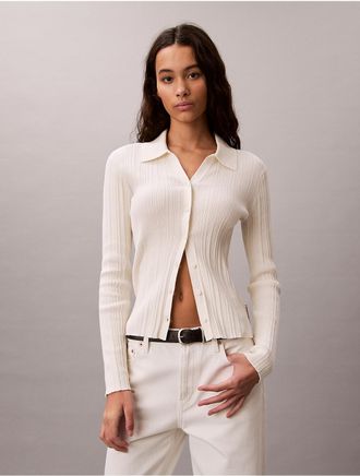 Calvin Klein Jeans Calvin Klein Womens Smooth Cotton Rib Polo Cardigan - White/Natural - XL