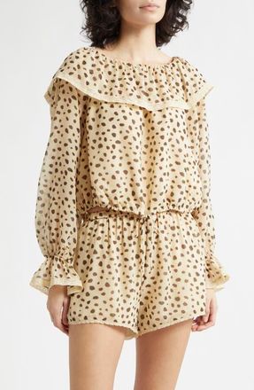 Poss&eacute; Priscilla Cheetah Print Ruffle Neck Silk Georgette Top at Nordstrom, Size Xx-Small