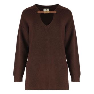 Elisabetta Franchi V-neck Knitwear, female, Brown, Size: XS Wool Blend Jumper with Jewel Strap