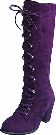 Generic Womens Mid Calf Boots: Womens Knee High Boots WomenS Roman Retro Style Lace Up Thick Heeled Mid Calf Boots Lace Up Boots Women Black Combat Boots Chun