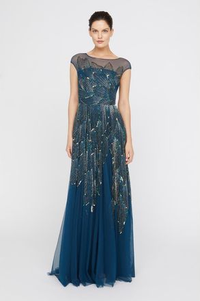 Theia Ava Beaded Cap Sleeve Bateau Neck Sequin Gown in Aquamarine at Nordstrom, Size 6