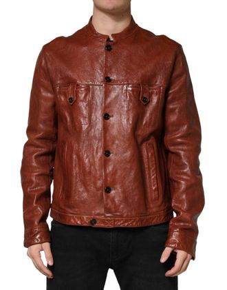 Dolce & Gabbana Brown Leather Button Down Men Biker Jacket Clothing