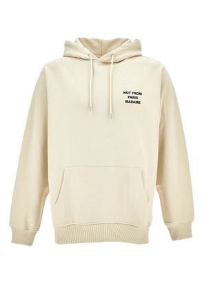 Dr&ocirc;le de Monsieur Oversized Beige Drawstring Hoodie With Front Slogan And Embroidered Back