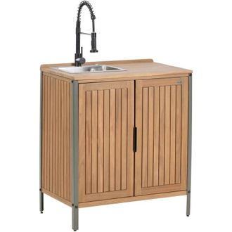 Beliani Armario De Cocina Exterior De Madera De Acacia 2 Puertas 2 Estantes Con Fregadero Y Grifo 50 X 80 X 92 Cm Encimera De Madera Maciza Marr&oacute;n/negro Ivrea