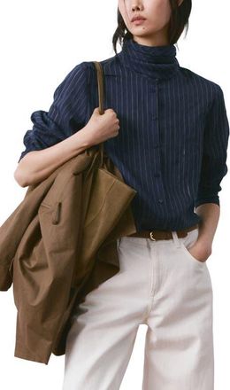 Mango Stripe Tie Neck Top in Navy at Nordstrom, Size 10