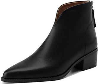 Generic Womens Pointed Closed Toe PU Leather Ankle Boots With Side Zipper Low Chunky Block Heels Smooth Texture Sturdy Outsole Soft Inner Lining,Black,4.5 UK