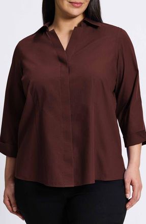 Foxcroft Taylor Three-Quarter Sleeve Non-Iron Cotton Shirt in Chicory Coffee at Nordstrom, Size 20W