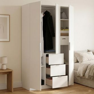Dmora Armario Falterona, Perchero Para Dormitorio, Armario Con 3 Puertas Batientes Y 3 Cajones, 135x52h204 Cm, Blanco - Dmora