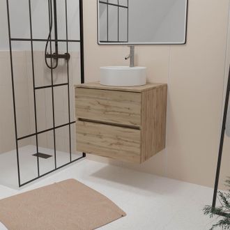 Aurlane Mueble De Ba&ntilde;o 80cm 2 Cajones Roble Natural + Lavabo Redondo Blanco &Oslash;41cm
