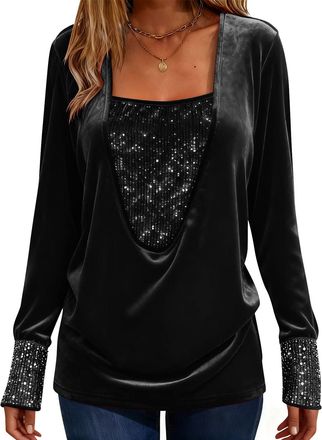 Generic Glitter Sequin Long Sleeve Tops for Women UK Patchwork Ruched Square Neck T-Shirt Stylish Casual Sparkle Pullover Ladies Evening Blouses Club Party Te