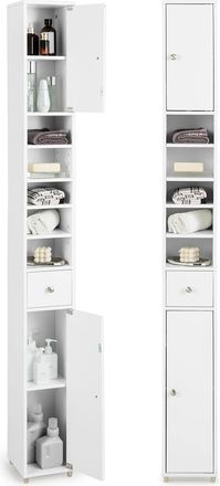 Costway Costway - Armario Alto De Ba&ntilde;o, Armario Delgado De Ba&ntilde;o Alto Con 2 Puertas, 1 Caj&oacute;n Y 5 Estantes Ajustables, Mueble Columna De Ba&ntilde;o, Armario Para Ba&ntilde;o