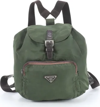 Prada Brown Green Khaki Leather Nylon Backpack (Pre-Owned)