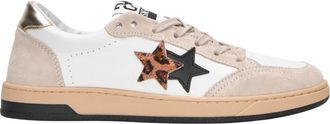 2Star Witte leren sneakers met beige- zwart en luipaarddetails - Dames - Sneakers - Veelkleurig - 40 EU - Leer - Schoenen