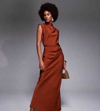 Asos Tall ASOS DESIGN Tall - Vestito midi in raso color ruggine accollato con corpino a pieghe-Rosso