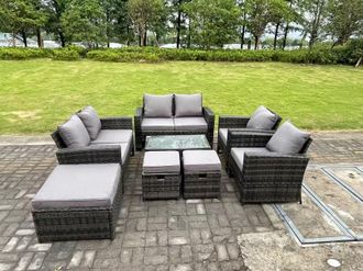 Fimous 9 Seater Dark Grey Mixed High Back Rattan Sofa Set Oblong Coffee Table Garden Furniture Outdoor Patio