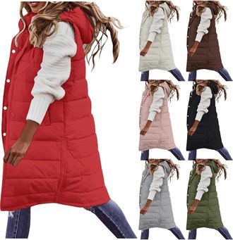 Generic Gilet for Women UK Long Gilets Ladies Winter Puffer Coats Longline Hooded Quilted Jacket Plus Size Parka Zip Up Outwear Sleeveless Warmer Padded Vest 