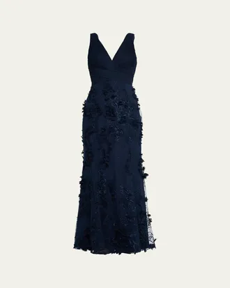 Aidan Mattox Embroidered Floral Applique Gown