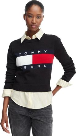 Tommy Jeans Truien & Vesten, Dames, Zwart, XL, Katoen, Flag Ronde Hals Trui