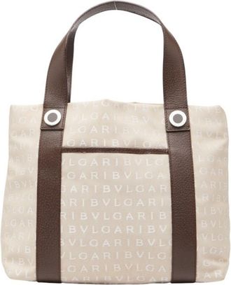 Bulgari Beige Brown Canvas Leather Tote Bag (Pre-Owned)