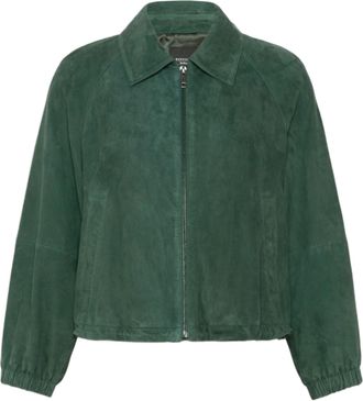 Weekend Cropped Deep Green Suede-like Jacket with Classic Collar and Puff Sleeves