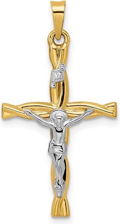 Diamond2Deal 14k Two-tone Gold Polished Hollow INRI Crucifix Twisted Cross Pendant